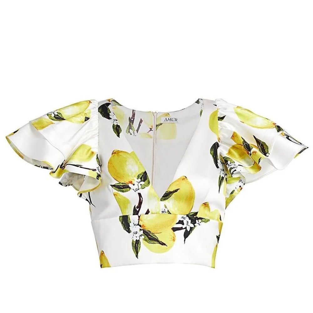 AMUR Lemon Print Ruffle Sleeve Crop Top